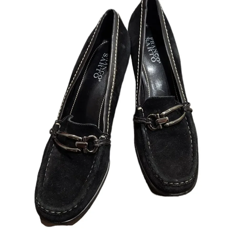Franco Sarto Black Suede Round Toe Pump Leather Heels Size 10M